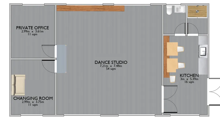 Floor plan of Studio 49: a square dance studio with a private office, changing room, kitchen and a bathroom opening off it.